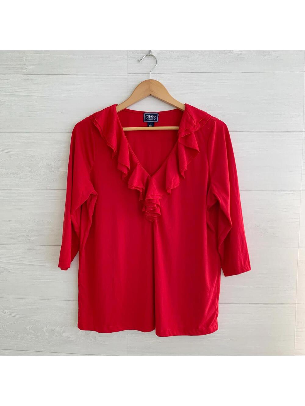 Chaps Classics Red Ruffle V Neck Stretch Top 1X Plus 3/4 Sleeve